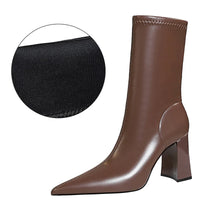 Mid-Calf Boots Chunky Block Heels Women Boots Pointed High-Heeled Boots Lady Pu Leather Boots Autumn Winter Shoes