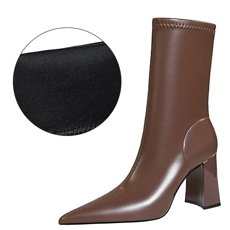 Mid-Calf Boots Chunky Block Heels Women Boots Pointed High-Heeled Boots Lady Pu Leather Boots Autumn Winter Shoes