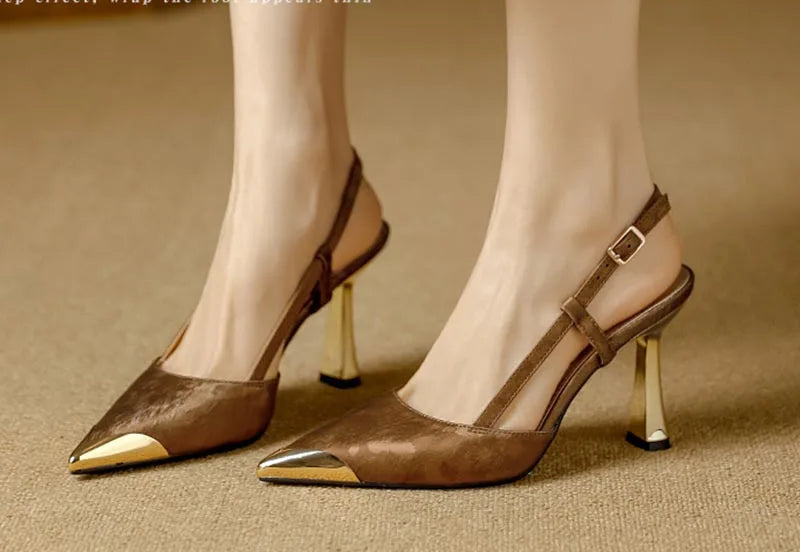 Women's Pumps Sexy Stiletto Sandals Fashion Metallic Pointed Toe Rear Hollow Out High Heels Single Shoes Lady Sandals