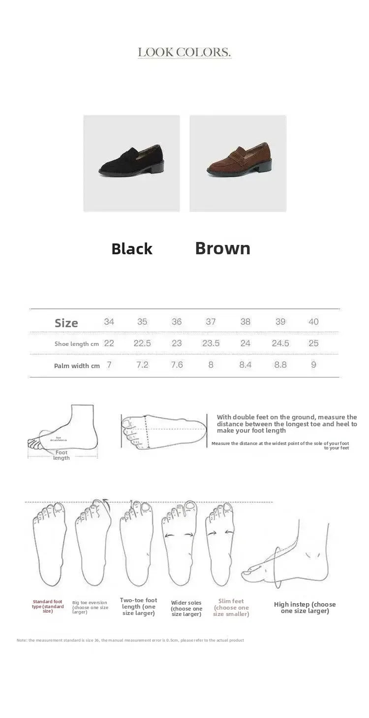 British Style Fleece Lined Chunky Heel Loafers Women's Shoes Retro French Vintage Leather Casual Shoes Rubber Sole Adult Footwear