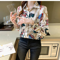 Fashion chain print ladies shirts Spring Women Blouses Long Sleeve Shirts Tops