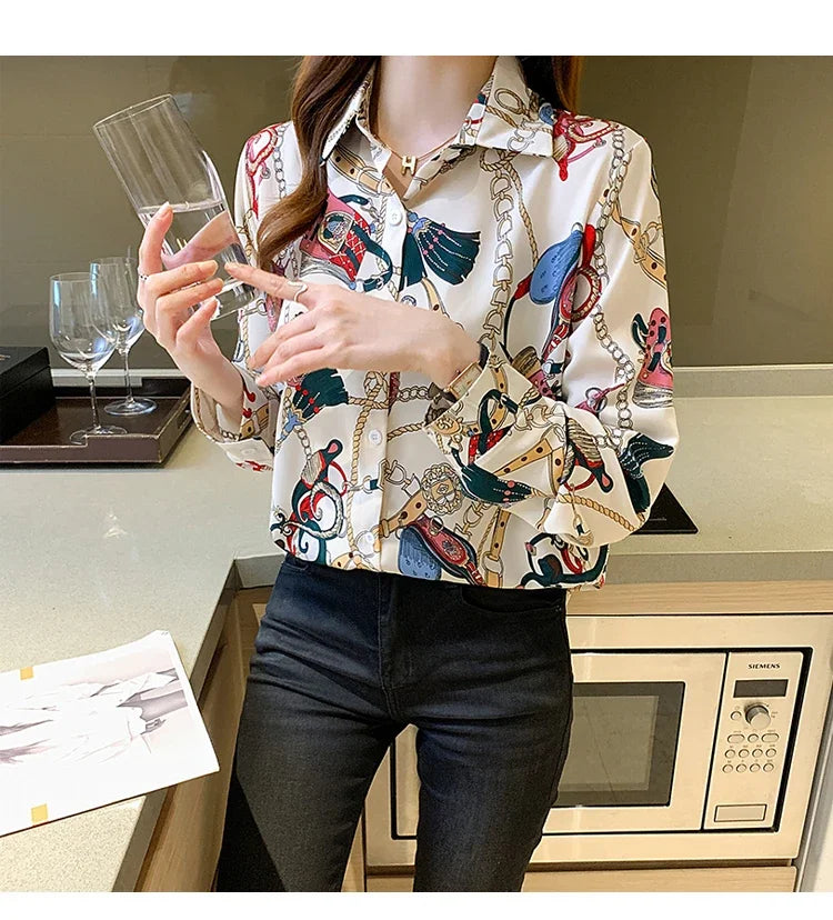 Fashion chain print ladies shirts Spring Women Blouses Long Sleeve Shirts Tops