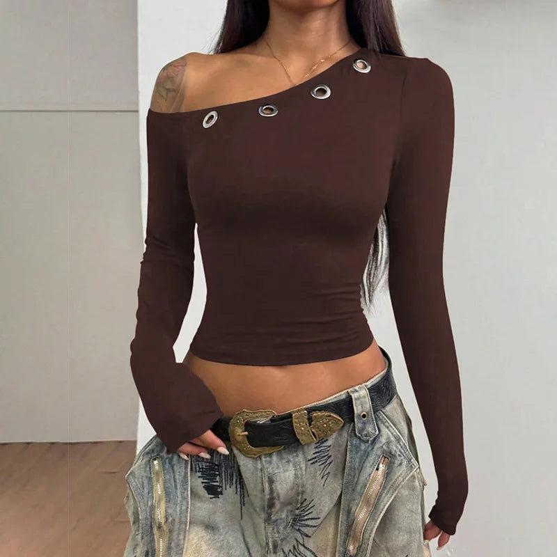 Casual Skew Collar Long Sleeve T-Shirts Women Solid Slim Pullovers Tees Shirts Female Basic Black Crop Top