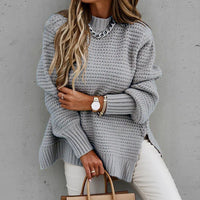 Solid Color Simple Semi-high Collar Long-sleeved Split Pullover Sweater Autumn Winter Women's New Loose Casual Knitted Sweater Natalia Home Fashion    Natalia Home Fashion