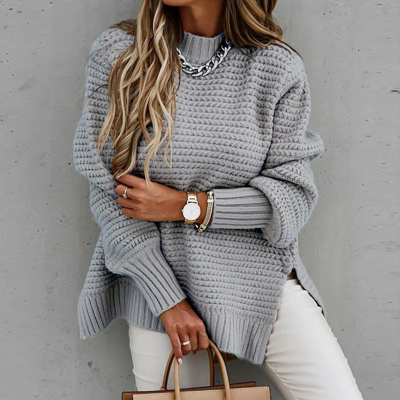 Solid Color Simple Semi-high Collar Long-sleeved Split Pullover Sweater Autumn Winter Women's New Loose Casual Knitted Sweater Natalia Home Fashion    Natalia Home Fashion