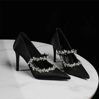 Elegant French Style High Heels Women's Satin Pointed Toe Shoes with Water Diamond Decoration Thin Heel Single Shoes