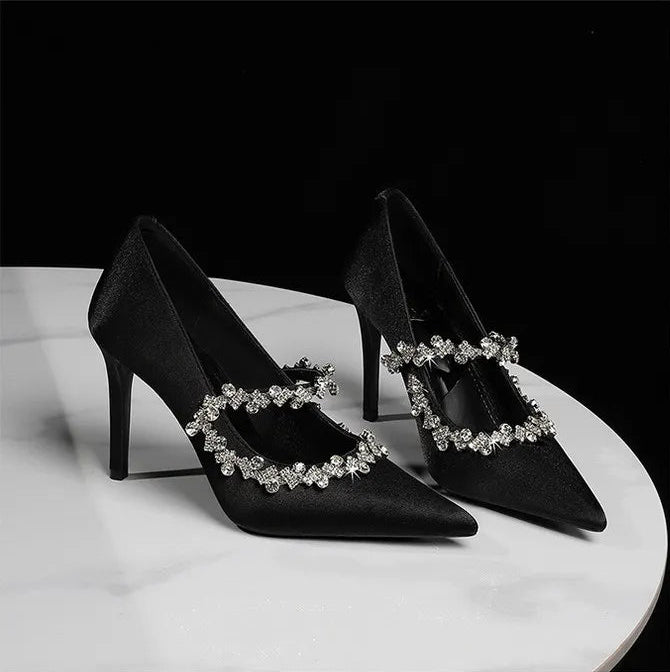 Elegant French Style High Heels Women's Satin Pointed Toe Shoes with Water Diamond Decoration Thin Heel Single Shoes