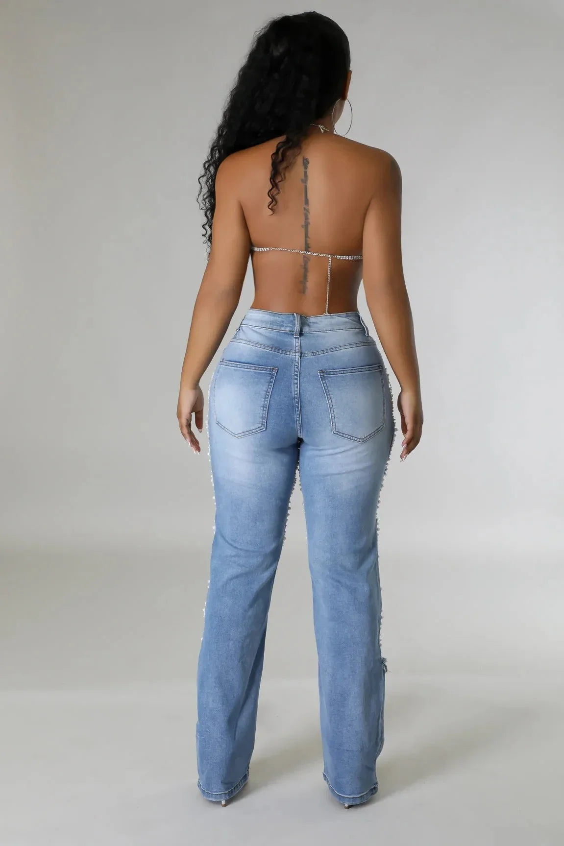 Heavy Duty Denim Jeans Women's High Waist High Elasticity Hole Punching Beading Long Pants Trendy Spicy Girl Style