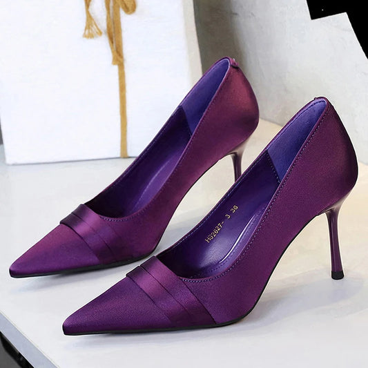 Silk Pumps Pointed Toe Elegant Party Thin Heels Stripper Shoes - Natalia Home Fashion