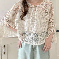 Round Neck Lace Shirt Women's Summer Floral Print Tie Dotted Cotton Blend Full Sleeve Slim Fit Button up Top