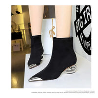 Street Style Fur Metal Hollow Heel Modern Faux Suede Short Boots for Women Metal Pointed Toe Low Heel Boots Female
