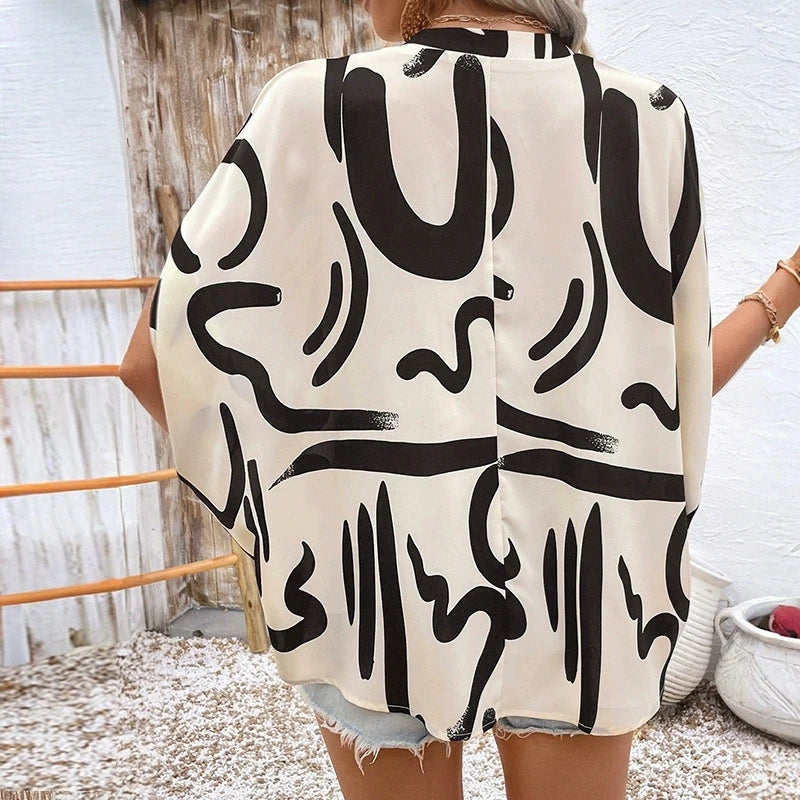 Casual Print Short Sleeve Shirt For Women V Neck Buttons Tops Summer Elegant Office Lady Ruffle Loose Shirt