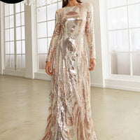Round Neck Long Sleeved Sequin A Line Evening Dress Banquet Prom Maxi Wedding Bride Dress
