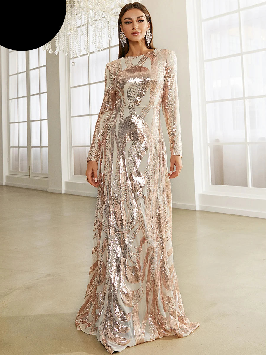 Round Neck Long Sleeved Sequin A Line Evening Dress Banquet Prom Maxi Wedding Bride Dress