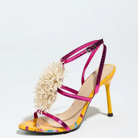 Ladies High Heel Sandals with 3D Fluffy Flower Decorations round Toe Thin Heel Spring Summer Night Club Fashionable Party Shoes