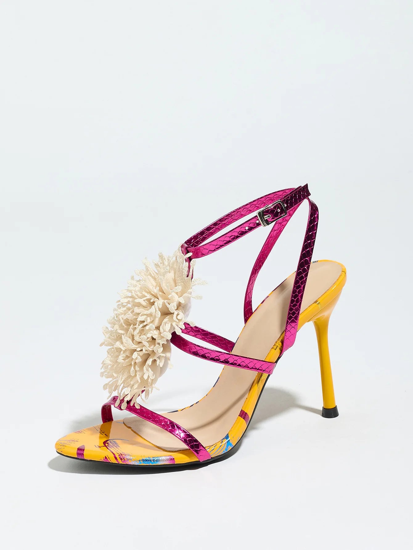 Ladies High Heel Sandals with 3D Fluffy Flower Decorations round Toe Thin Heel Spring Summer Night Club Fashionable Party Shoes