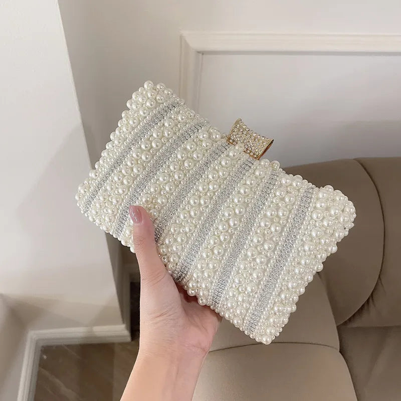 Vintage Pearl Women Handbag Diamond Evening Bag Luxury Wedding Bridal Ladies Clutch Chain White Shoulder Dress Dinner Bag