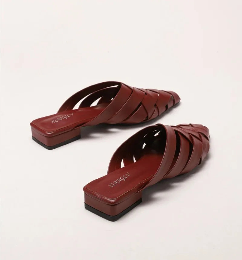 Hollow Woven Pointed Cool Slippers Women's Summer Thick Heel Outer Wear Bag Head Half Slippers Women Sandals