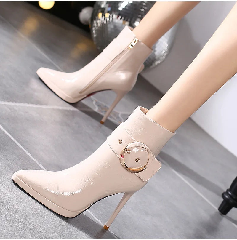 Women Ankle Boots Runway Style Sexy Belt Buckle Side Zip High Heels Patent Leather Party Dress Ladies Shoes