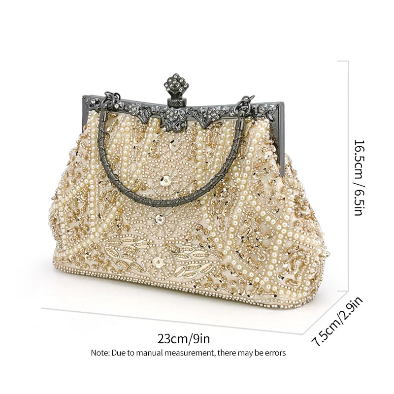 Pearl & Diamond Kiss Lock Clutch Bag Floral Handle Party Bag Metal Chain Cocktail Crossbody Bag