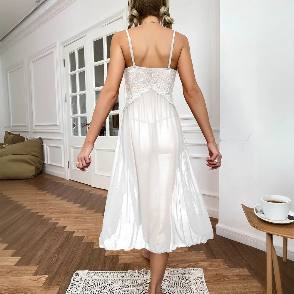 Sexy Lace Solid Women Sleepwear Underwear Mesh Lingerie Deep V Side Slit Sleeveless Female Fashion Robe Dress Nightwear