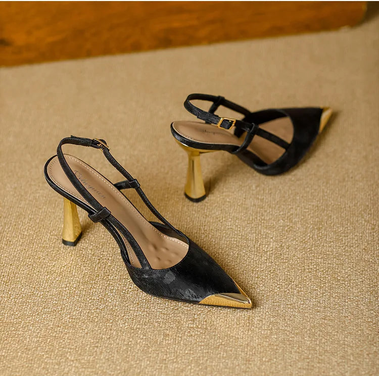 Women's Pumps Sexy Stiletto Sandals Fashion Metallic Pointed Toe Rear Hollow Out High Heels Single Shoes Lady Sandals