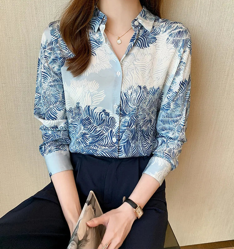 French Printed Lapel Shirt Long Sleeve Loose Mulberry Silk Top Temperament Commuting Shirt Women's Summer Style