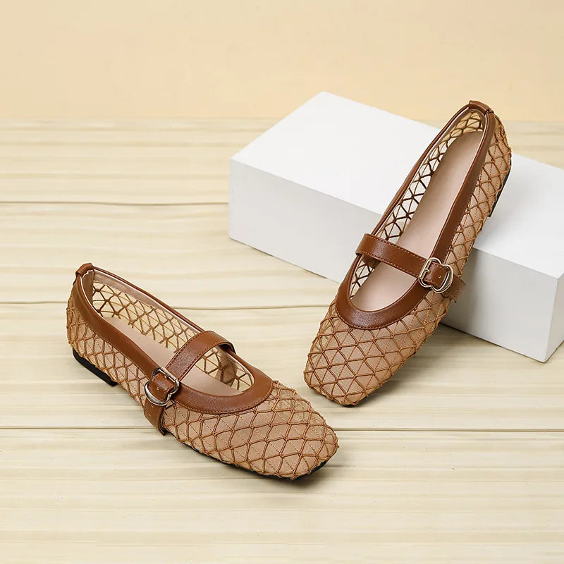 Fishnet Ballet Flats Square Toe Breathable Hollow Mesh Sandals Casual and Comfortable Mary Jane Shoes