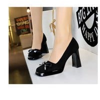 Chunky Block Heels Women Pumps Bow Decoration High Heels Square Headed Platform High Heels Suede Ladies Shoes