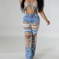 Heavy Duty Denim Jeans Women's High Waist High Elasticity Hole Punching Beading Long Pants Trendy Spicy Girl Style