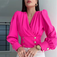 Women's Sexy V-neck Long Sleeved Short Waist Wrapped Bubble Sleeve Solid Shirt