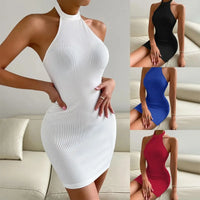 Women's sexy backless stand up collar sleeveless hip hugging dress