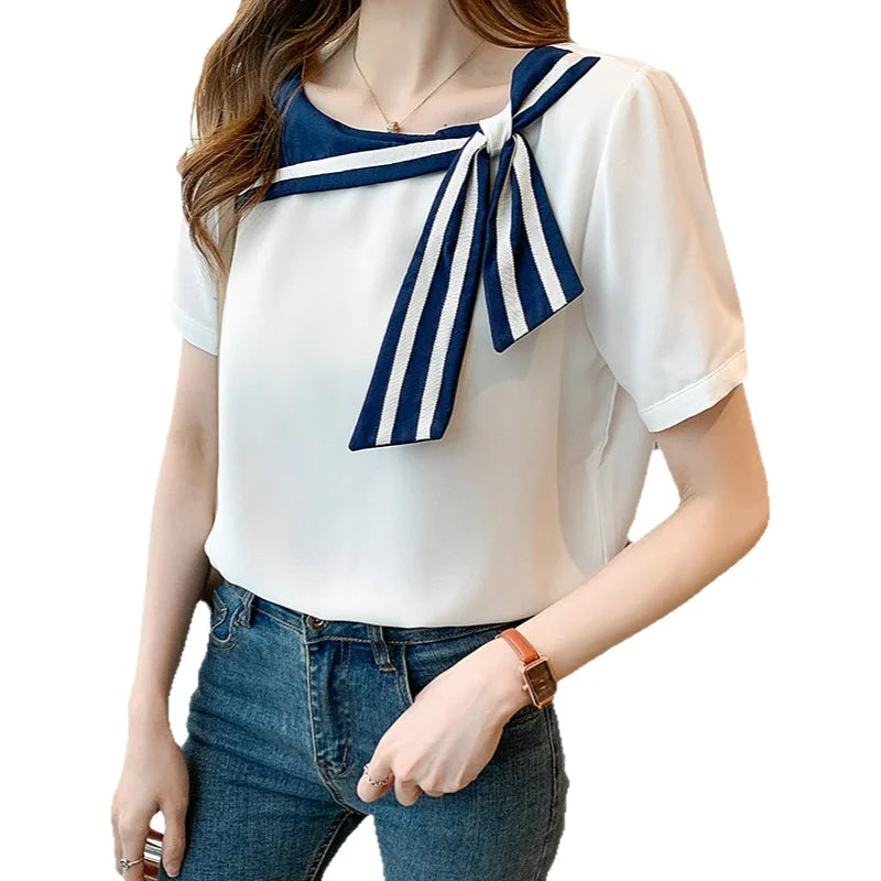 Summer 2026 Women's Short Sleeve T-Shirt Korean Style Slim Fit Casual Cotton Blend Striped/Plaid Loose Fit Neck Design Natalia Home Fashion    Natalia Home Fashion