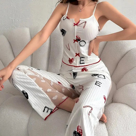 Women's 2-piece printed sleepwear semi transparent mesh casual printed vest elastic waist pants summer transparent mesh Pajama Suit