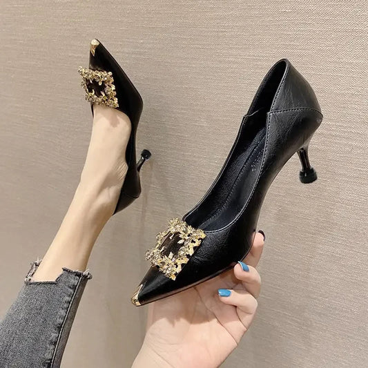 Women's High Heels Soft Leather Non-slip Fine Wedges Buckle Pointed Cat Tails French Single Shoes