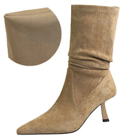 Women Pleated Elastic boots Woman Stiletto 6.5 CM High heel boots Suede Ankle boots Fashion Pointed short boots