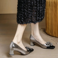 Rhinestone Camellia Flower Women's Shoes Square Toe Thick Heels 5cm Ladies Pumps Party Shoes