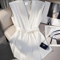 Elegant French style Sleeveless Waist-Cinching Shirt Chic Top Trendy V-Neck Acetate Fabric Urban Style