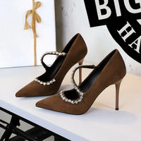 Banquet Pointed Toe High Heels Diamond Chain One-Strip Thin Heel Super High Heels Light Mouth Elegant Lace-Up