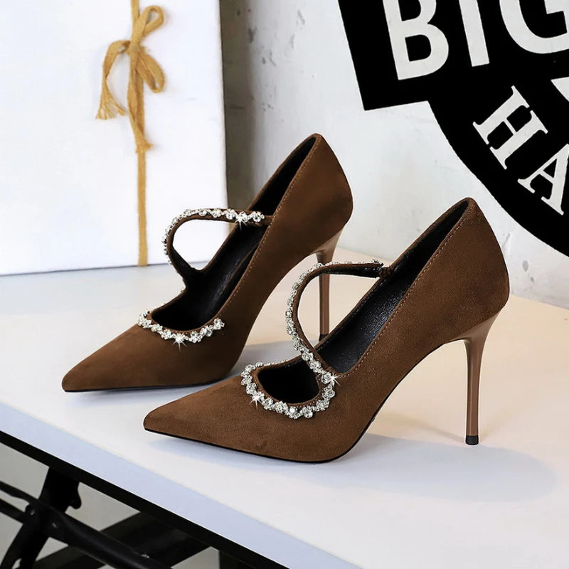 Banquet Pointed Toe High Heels Diamond Chain One-Strip Thin Heel Super High Heels Light Mouth Elegant Lace-Up