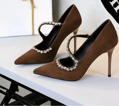 Banquet Pointed Toe High Heels Diamond Chain One-Strip Thin Heel Super High Heels Light Mouth Elegant Lace-Up - Natalia Home Fashion