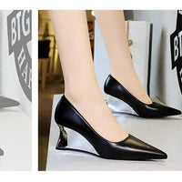Spring Fashion Pointed Toe Pumps Woman Metal Decoration Wedges Heels Elegant Ladies Shoes