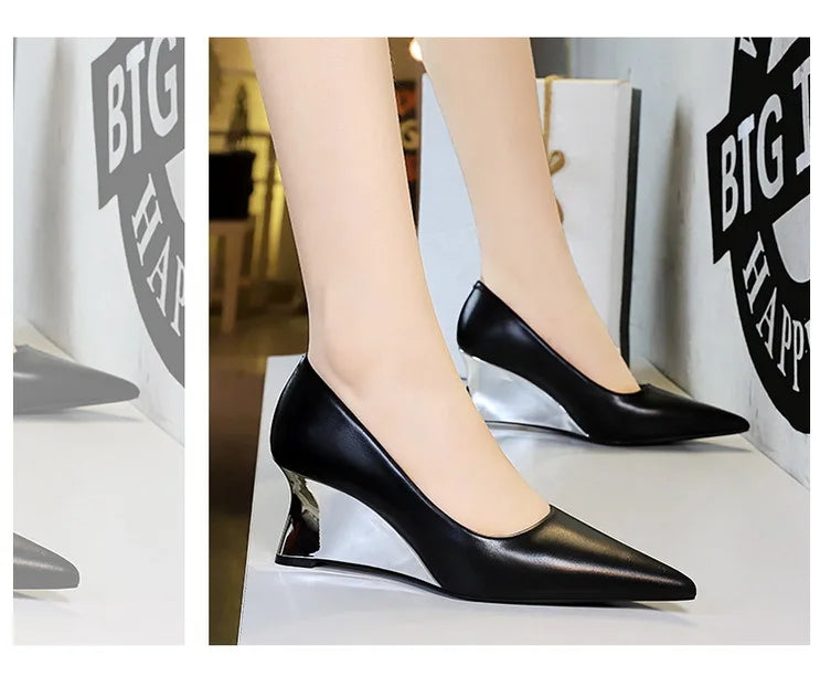 Spring Fashion Pointed Toe Pumps Woman Metal Decoration Wedges Heels Elegant Ladies Shoes