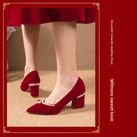 Women's Chunky Heel Pointed Toe Slip-On Shoes Wedding Dress Two-Way Wear Pearl Red Bridal Shoes Spring Autumn New Style