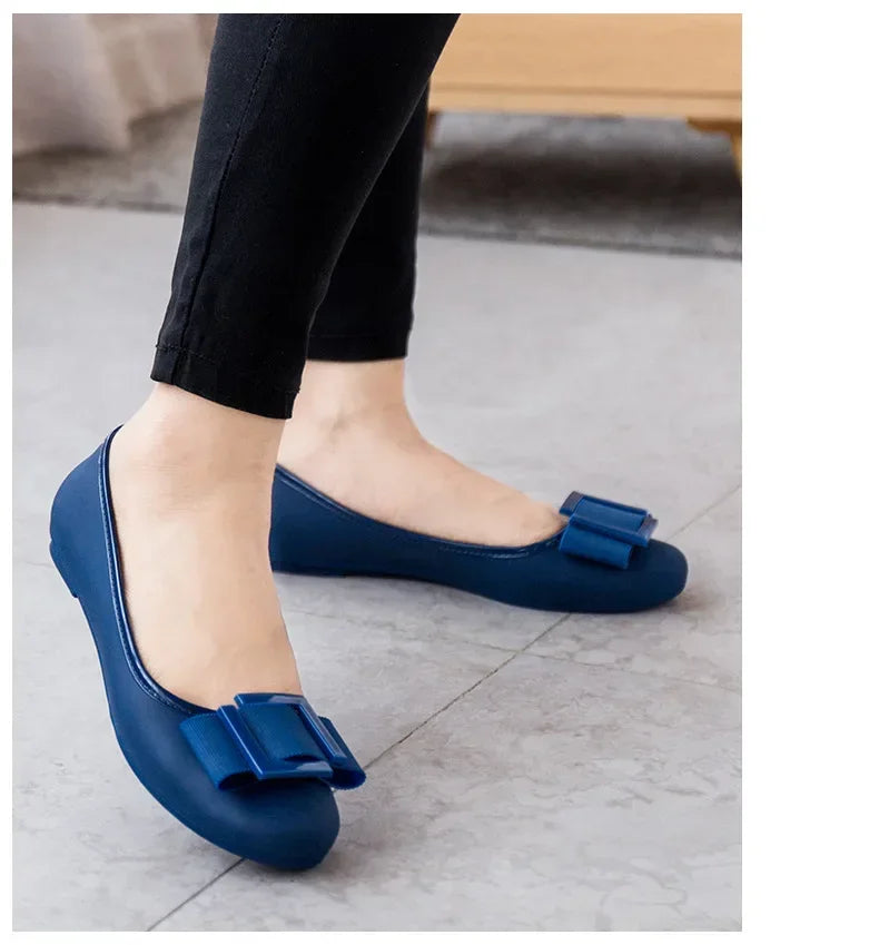 Jelly Flat Shoes Lady Waterproof Bow Tie Flats Cute Sweet Shoes Women Fashion Comfortable Soft