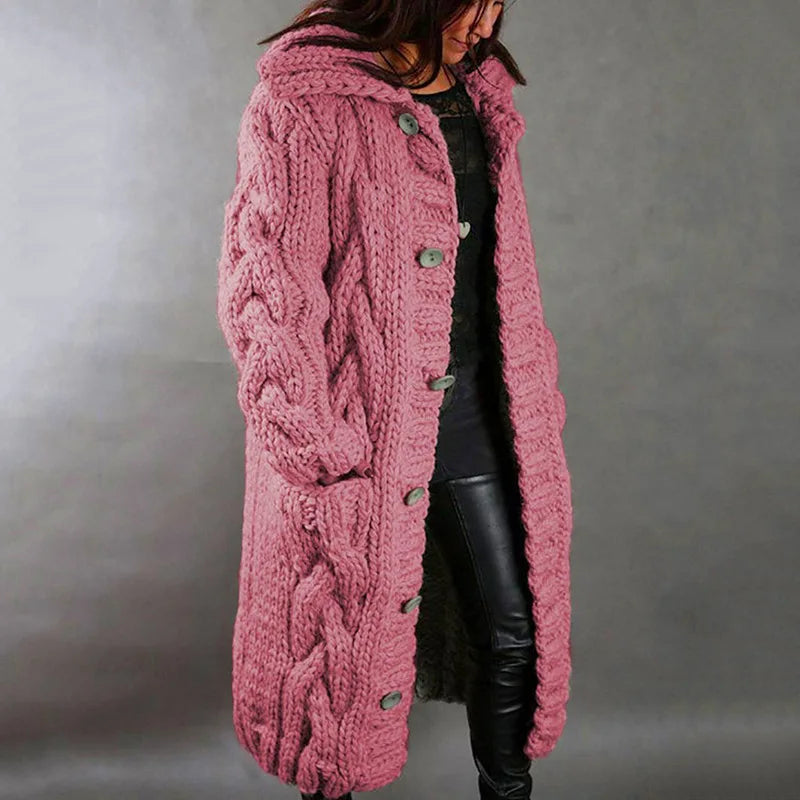 Oversized Women Loose Knitted Sweaters Thick Long Sleeve Pocket Button Knitted Long Cardigan Coats