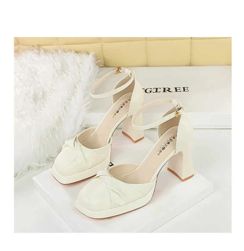 One-Strip Ultra-High Heel Sandals Platform Thick Heel Bow Women Shoes Square Toe Shallow Mouth Hollow Shoes