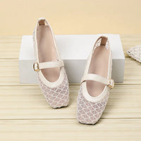 Fishnet Ballet Flats Square Toe Breathable Hollow Mesh Sandals Casual and Comfortable Mary Jane Shoes
