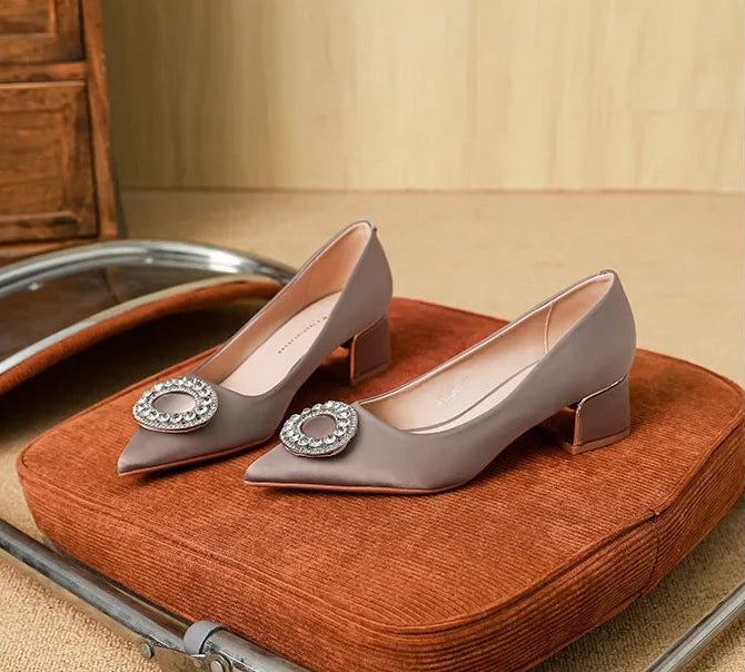 Soft Leather Black Pointed Toe Work Shoes Spring Autumn New Style Comfortable Thick Heel Professional Soft Bottom Shoes