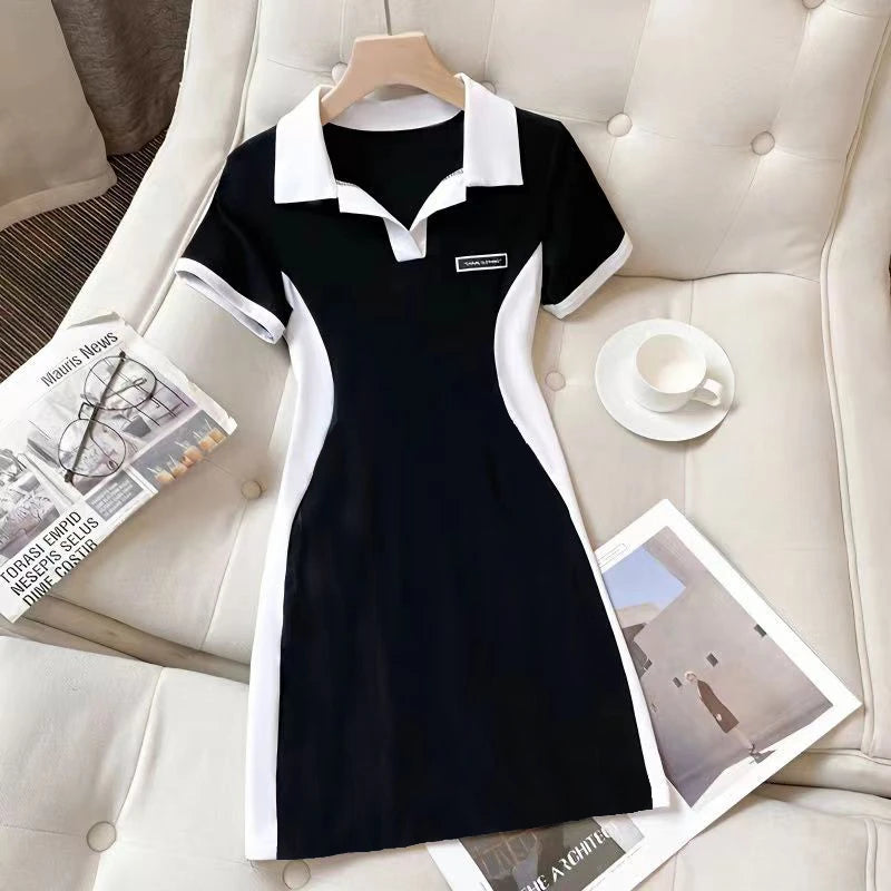 Women Polo Collar Dress Elegant Color block Short Sleeve Bodycon Midi Dress Casual Slim Fit T Shirt Dresses for Women